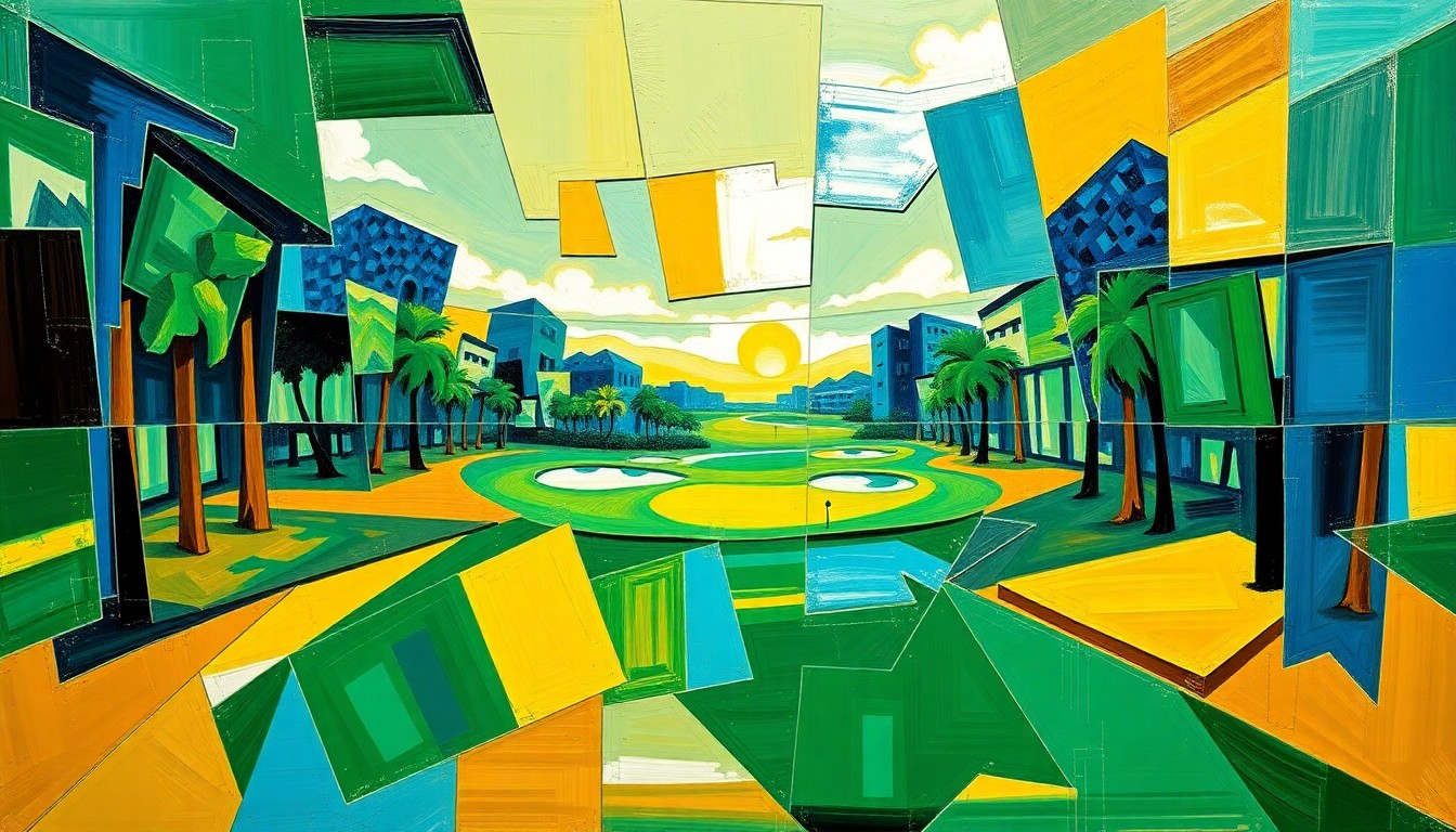A cubist, geometric painting depicting a PGA TOUR golf tournament, with overlapping planes of color and form representing the diverse perspectives and competing interests at play in the council's leadership race.