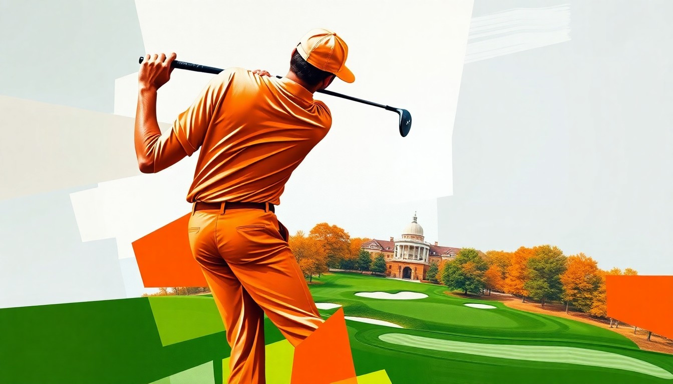 A fractured, geometric painting in shades of burnt orange and white, depicting a golfer's swing and the Augusta National golf course in an abstract, cubist style, conveying the intense pressure and multifaceted nature of a major championship debut.