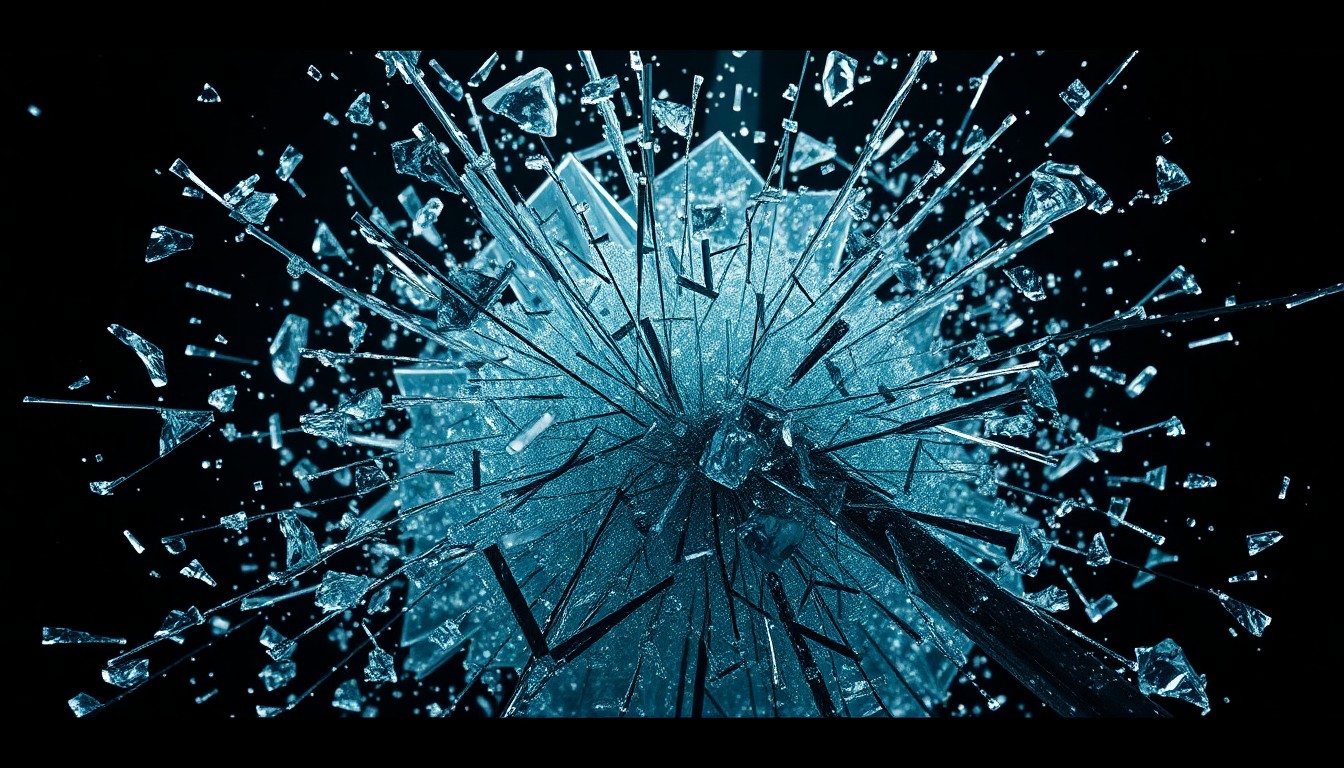 An extreme close-up of shattered glass and twisted metal, captured in dramatic, high-contrast lighting to convey the intense, high-octane action of the 'Ambulance' film.