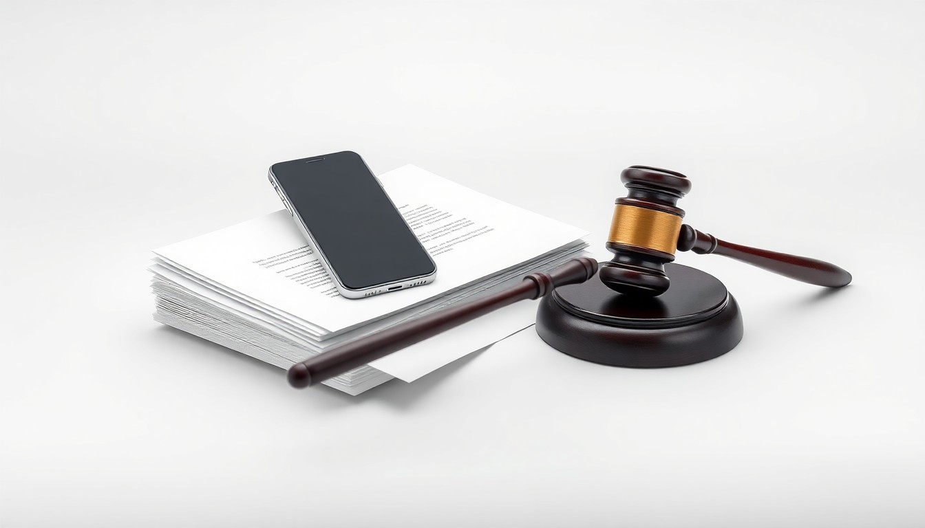 A minimalist, photorealistic studio still life featuring a stack of legal documents, a smartphone, and a gavel floating on a clean, monochromatic background, conceptually representing the abstract concepts of corporate governance, legal battles, and the impact of technology on financial markets.
