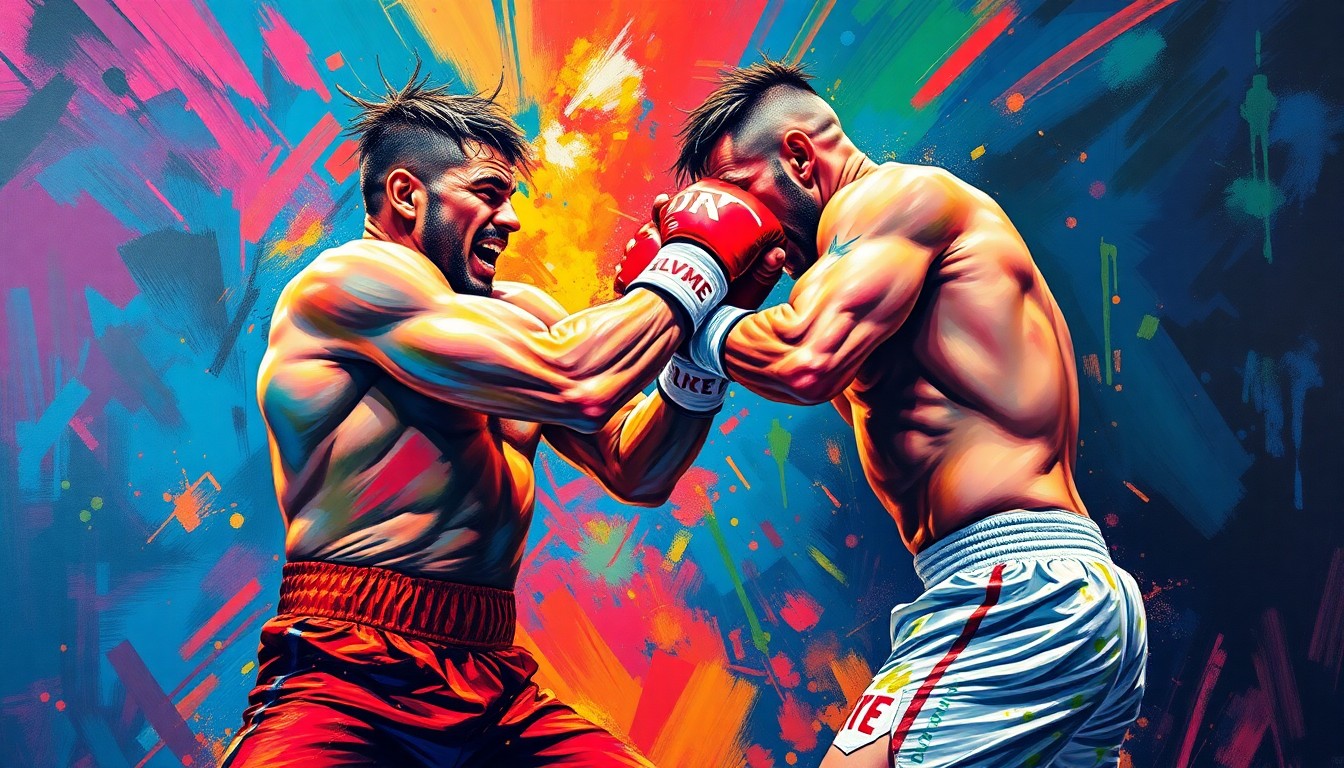 A dynamic, neon-colored painting depicting two muscular MMA fighters engaged in a high-intensity sparring match, their movements and strikes blurred into a vibrant, expressionistic display of raw power and athleticism.