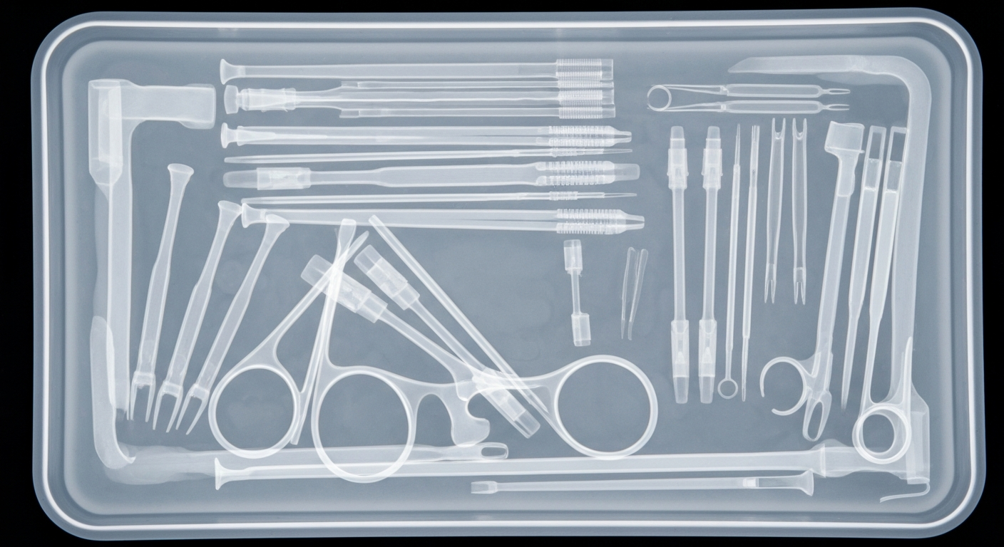A ghostly, translucent X-ray photograph of a surgical instrument tray, revealing the intricate internal structures and highlighting the importance of proper sterilization and infection control protocols.