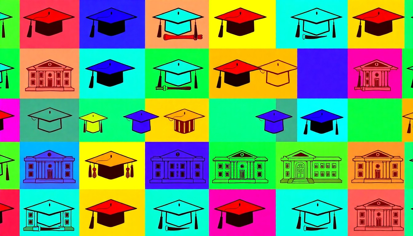 A brightly colored, high-contrast silkscreen print of a university graduation cap repeated in a tight grid pattern, using vibrant neon colors and heavy black outlines to transform the everyday symbol of higher education into a modern pop art piece.