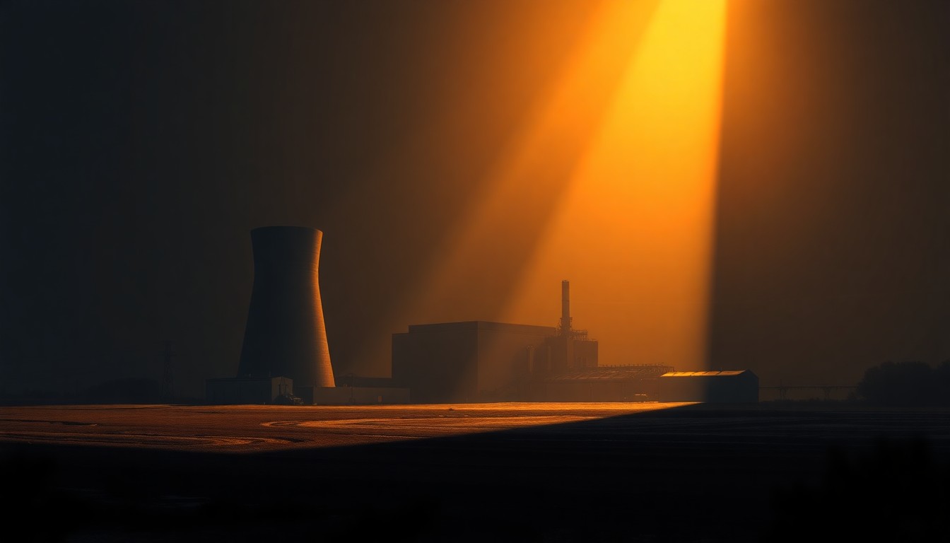 A serene, cinematic painting depicting a solitary coal power plant or natural gas facility, bathed in warm, diagonal sunlight and deep shadows, conveying the complex and nuanced nature of the energy debate in Australia.