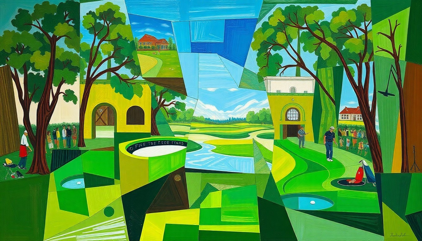 A fragmented, geometric painting depicting a golf tournament scene, with sharp planes of color and overlapping shapes representing the dynamic action and high stakes of the event.