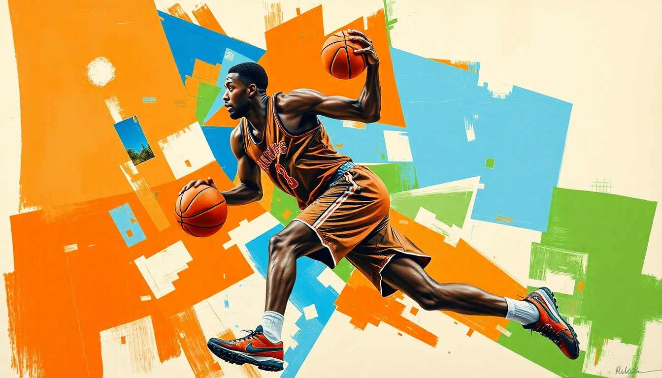 A cubist, geometric painting depicting a basketball player's movements broken down into overlapping planes of bright orange, blue, and green shapes.