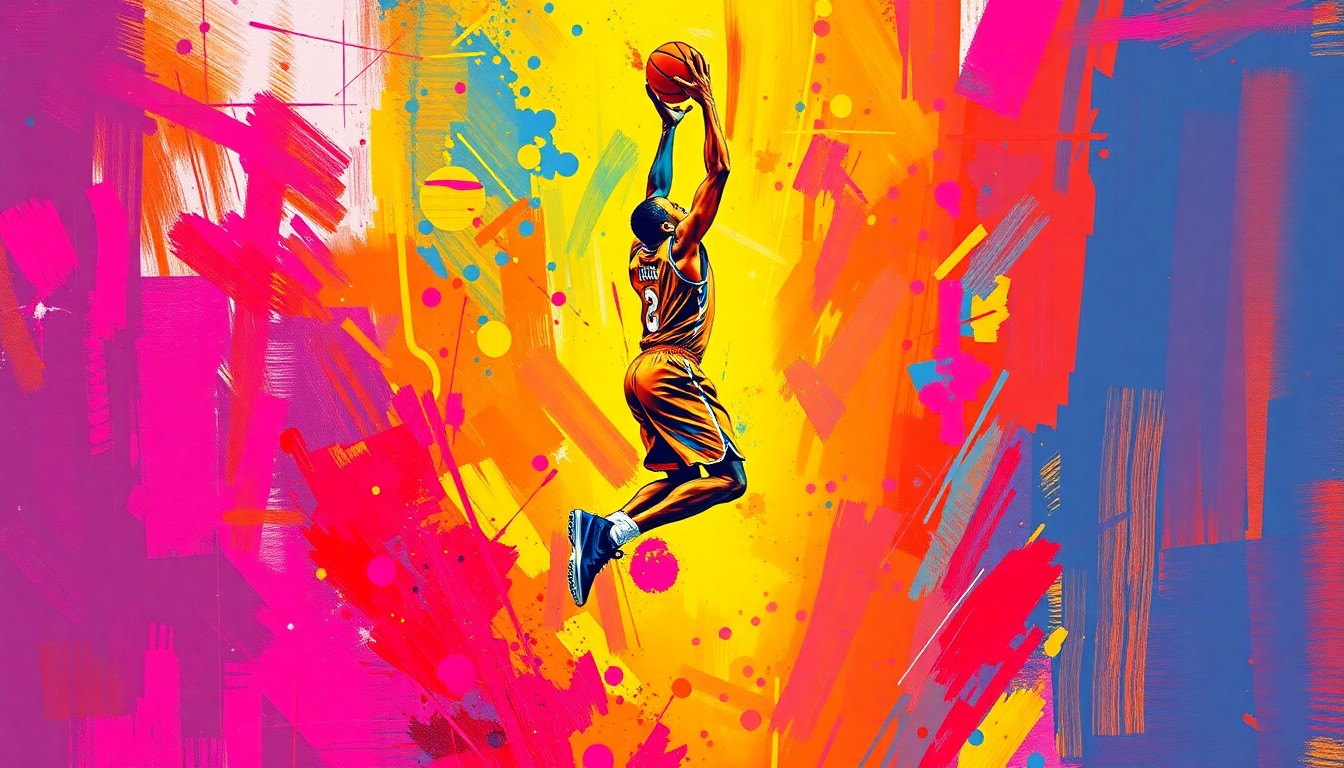 An abstract, neon-colored painting depicting a basketball player in mid-jump shot, with vibrant brushstrokes and a sense of raw, explosive energy, conceptually representing the magnitude of Bam Adebayo's record-breaking performance.