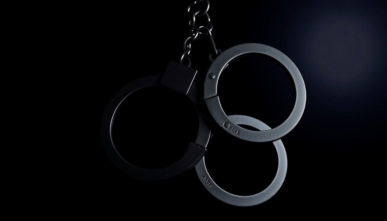 An extreme close-up photograph of a set of metal handcuffs against a pitch-black background, the harsh flash illuminating the textured surface and creating dramatic shadows, conceptually representing the law enforcement actions described in the police report.