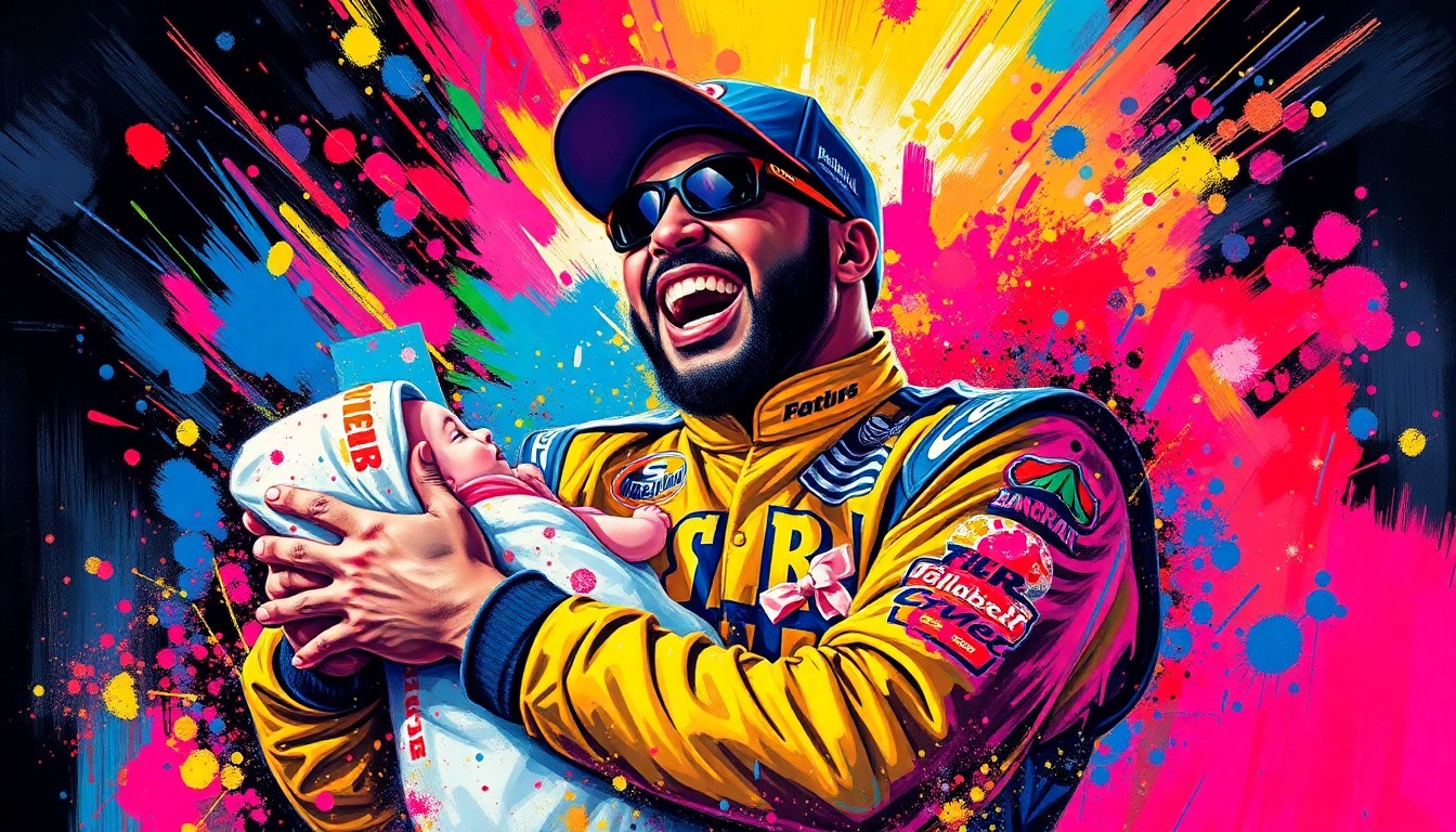An abstract, expressionist painting in vibrant neon colors, capturing the emotional energy of a NASCAR driver celebrating the birth of his child, with the racecar and gear dissolving into unrecognizable brushstrokes.