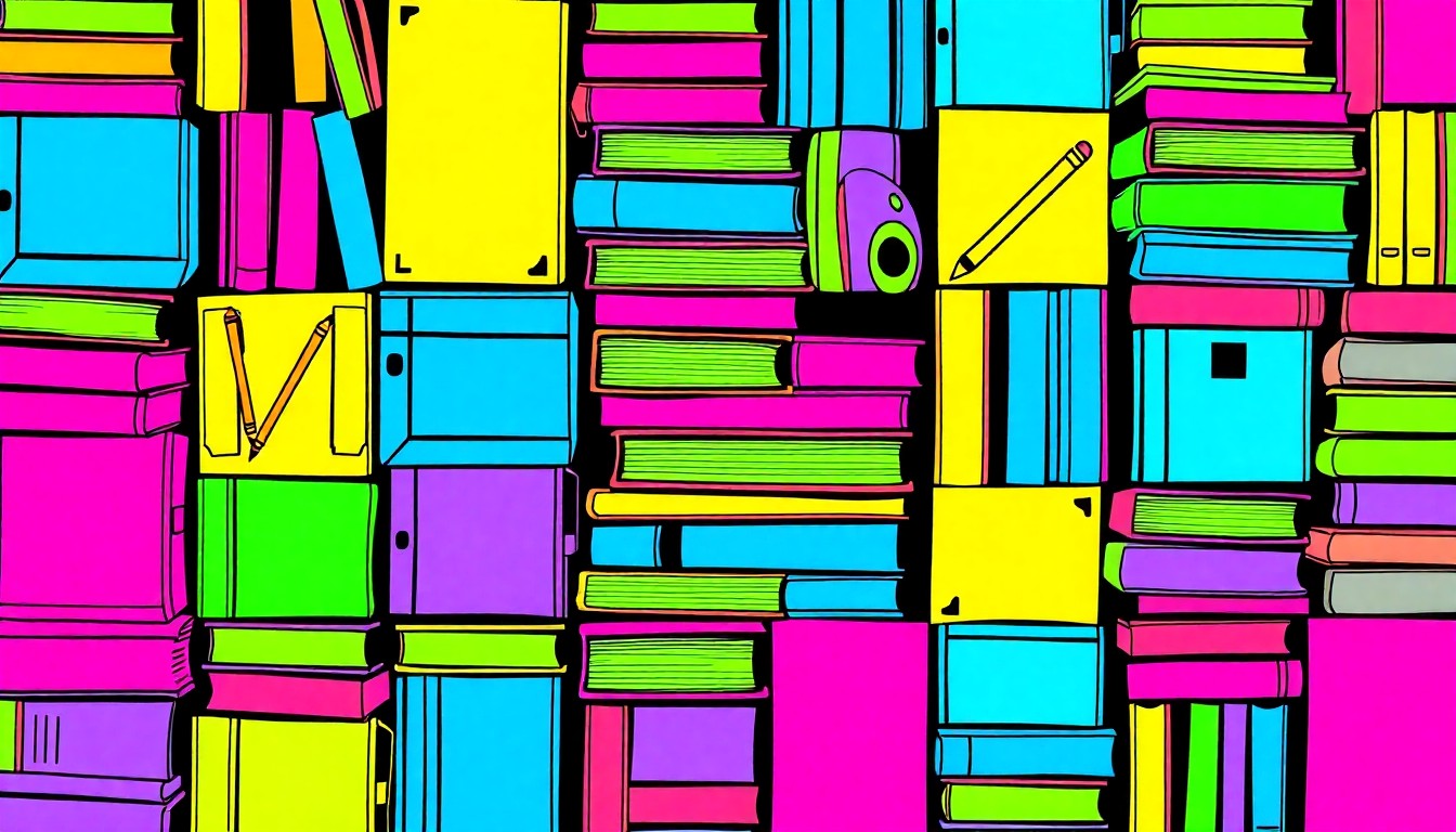 A high-contrast, silkscreen-style illustration featuring a grid of brightly colored school supplies and textbooks, conceptually representing the financial pressures facing the Augusta school district.