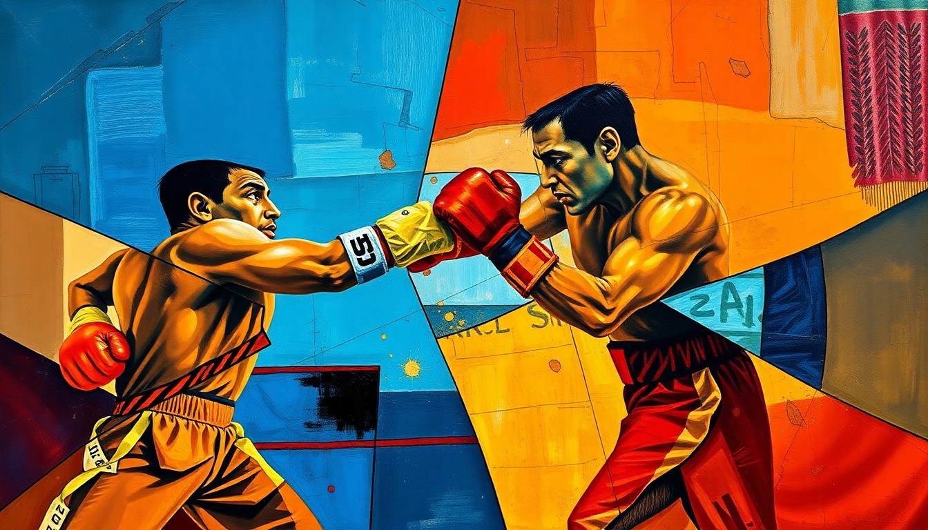 A fragmented, geometric painting depicting a boxer in motion, with sharp, overlapping planes of color and form that capture the dynamic energy and intensity of the sport.