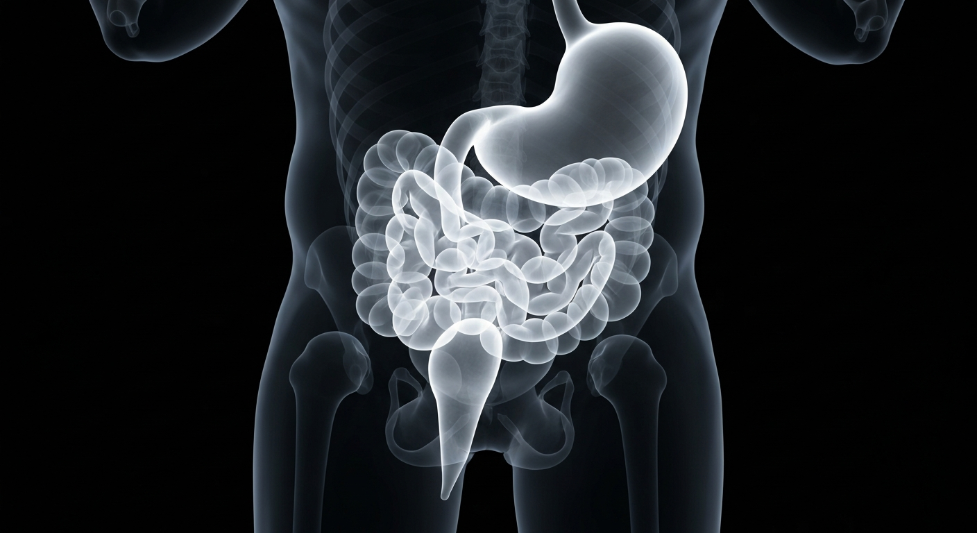 A ghostly, translucent X-ray photograph showing the glowing outlines of the human digestive system, including the stomach and intestines, against a dark background, conceptually illustrating the importance of gut health for weight loss.