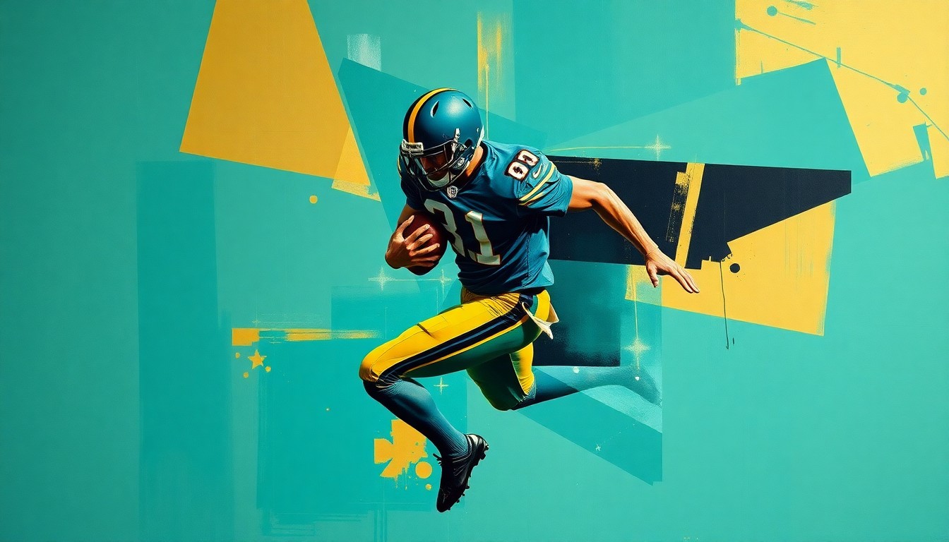 A fractured, geometric painting depicting a football player in motion, with sharp, overlapping planes in shades of teal, gold, and black, conceptually representing the versatility and multi-faceted skills of the Jaguars' two-way star.