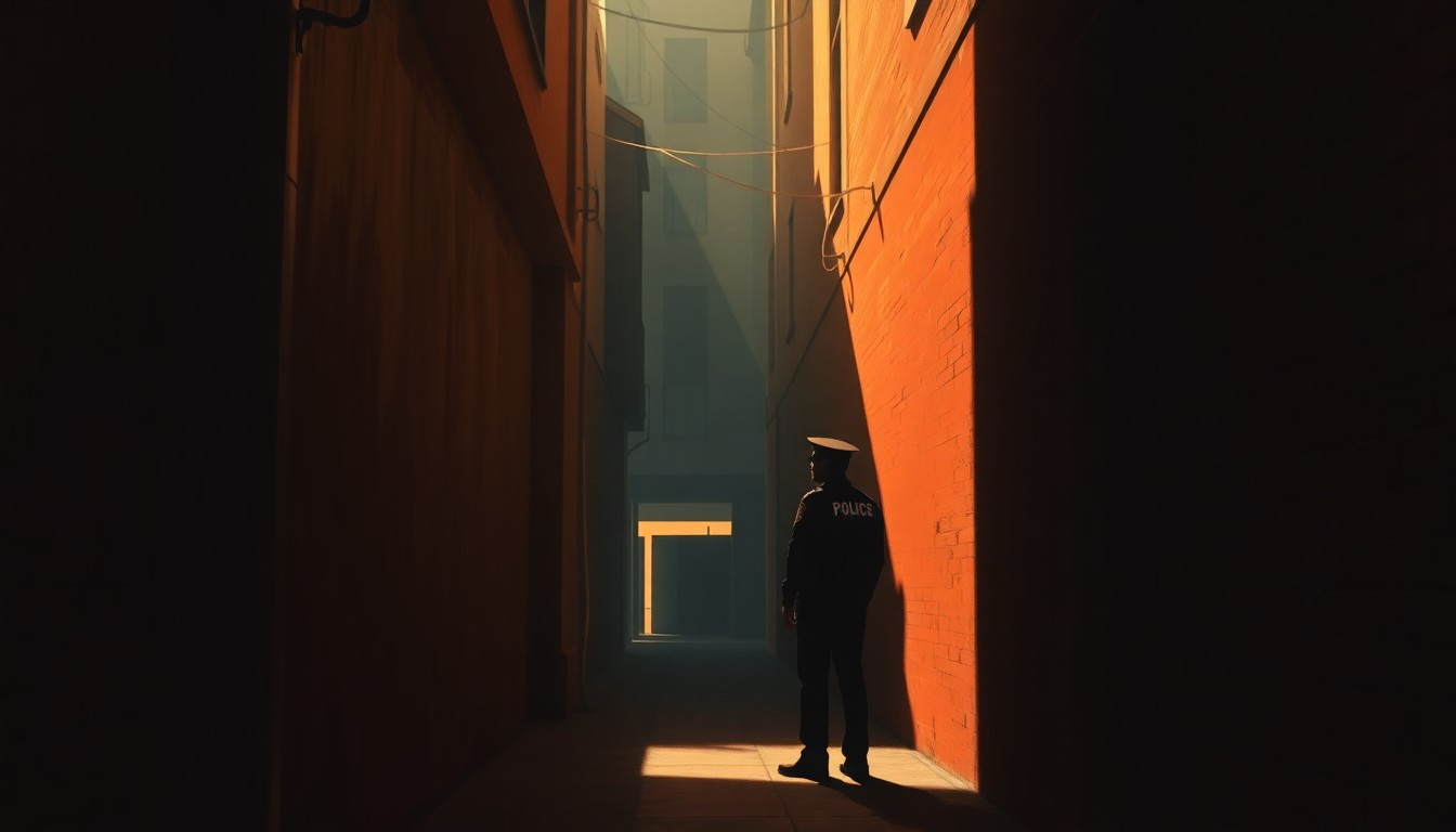 A photorealistic painting of a lone immigration officer standing in the shadows of a dimly lit urban alleyway, with warm, diagonal sunlight and deep shadows creating a sense of quiet tension and unease.