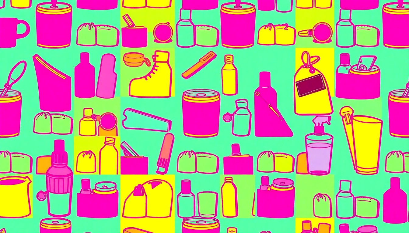 A brightly colored, high-contrast silkscreen print of a single, iconic lifestyle object such as a coffee cup or piece of clothing, repeated in a tight grid pattern in the style of Andy Warhol, conceptually representing the modern, amenity-rich lifestyle of a luxury Florida condo.