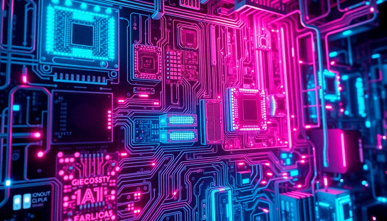 A highly detailed, abstract illustration of a complex network of AI hardware components and infrastructure, such as circuit boards, processors, and data cables, all illuminated by neon cyan and magenta lights, conveying a sense of advanced, cutting-edge technology.