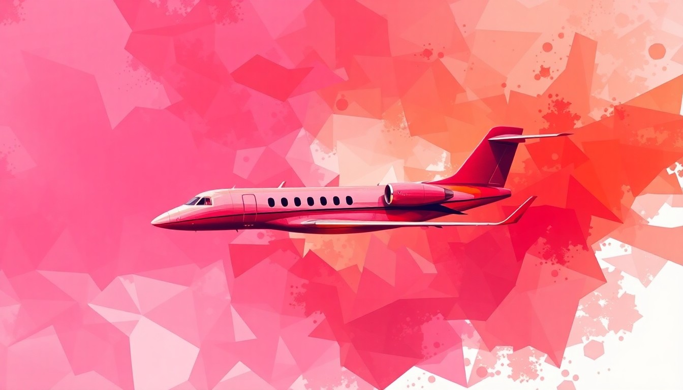 A dynamic, abstract painting in shades of pink, red, and orange depicting the fragmented outline of a private jet, conveying the sense of motion and disruption surrounding the climate protest against the government's transportation choices.