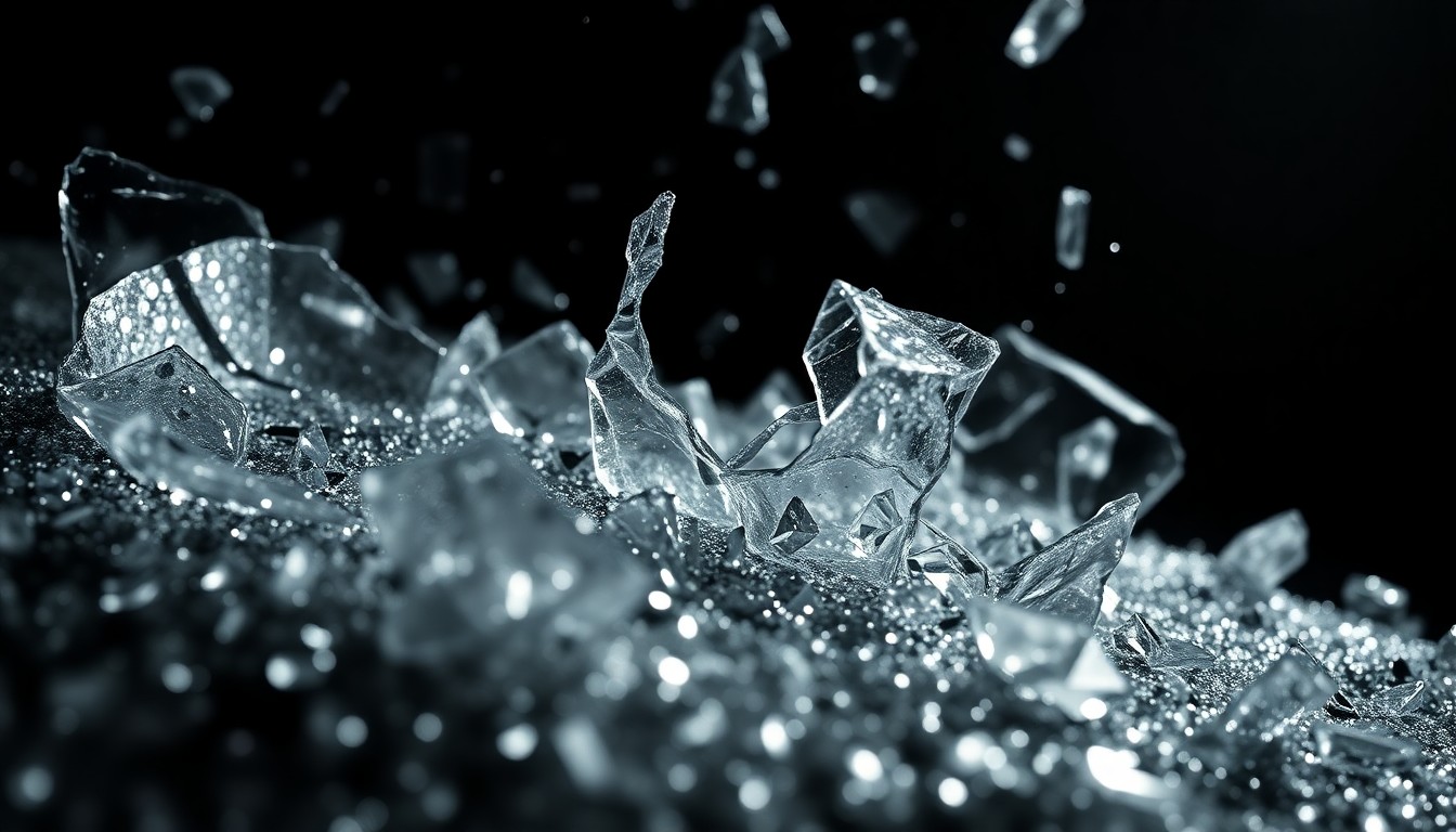 An abstract, high-contrast close-up image featuring shattered glass and glittering sequins, conceptually representing the dramatic and glamorous nature of the Batman universe.