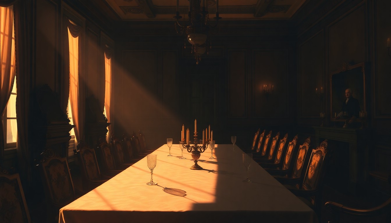 A dimly lit, cinematic painting of a grand wooden dining table in an elegant 19th century parlor, bathed in warm, diagonal sunlight and deep shadows, evoking the political intrigue and personal sacrifices of the era.