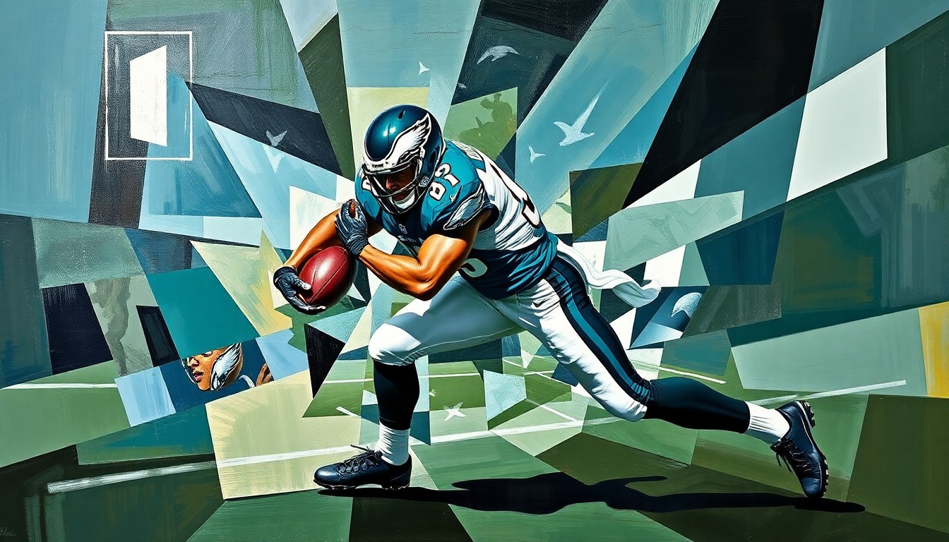 A fragmented, geometric painting showing an Eagles defensive player making a play, with sharp, angular shapes and planes representing the dynamic action on the field.