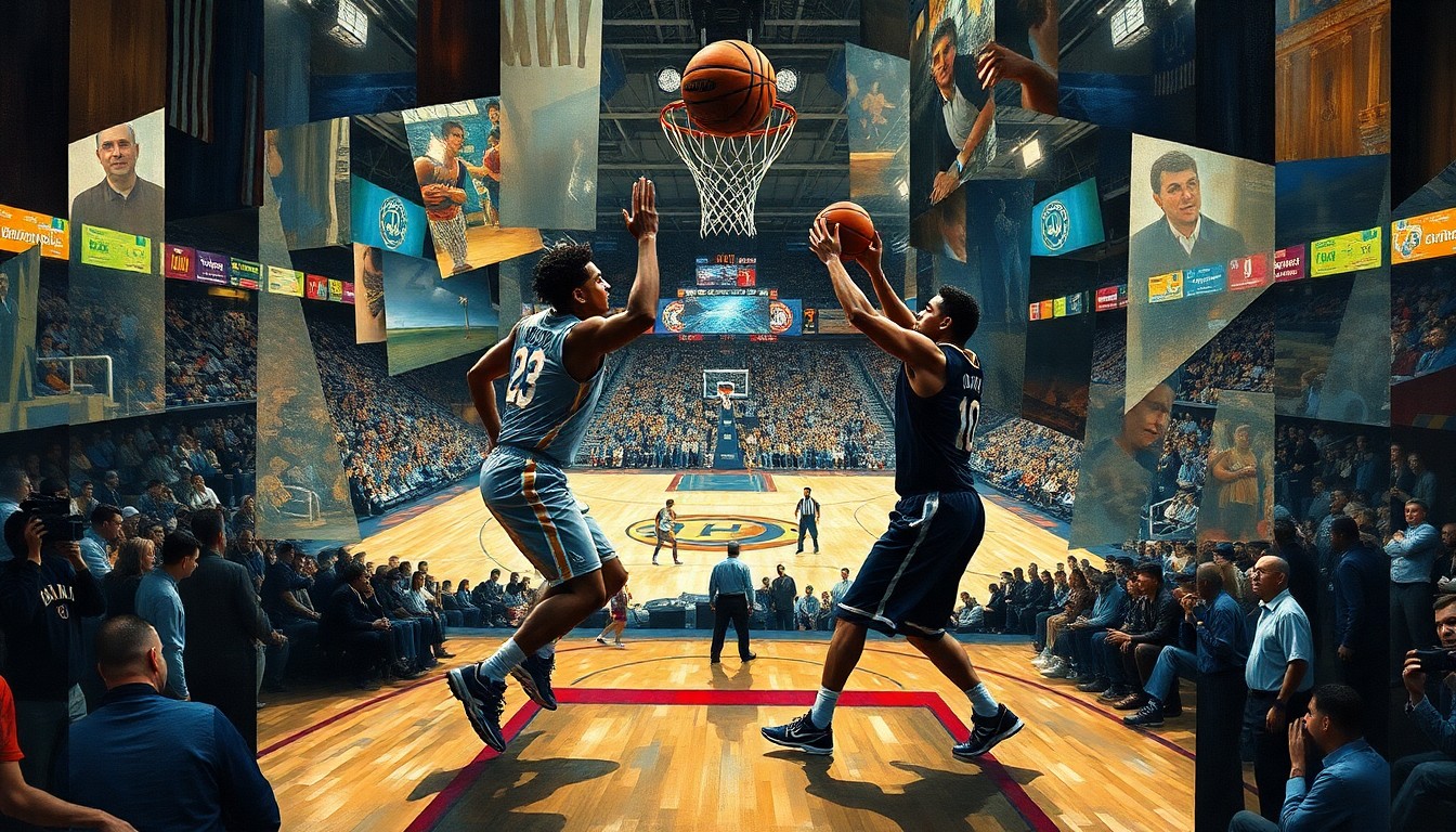 A fragmented, geometric painting depicting the chaotic nature of the NCAA's eligibility crisis, with overlapping shapes and planes representing the various stakeholders and legal challenges.