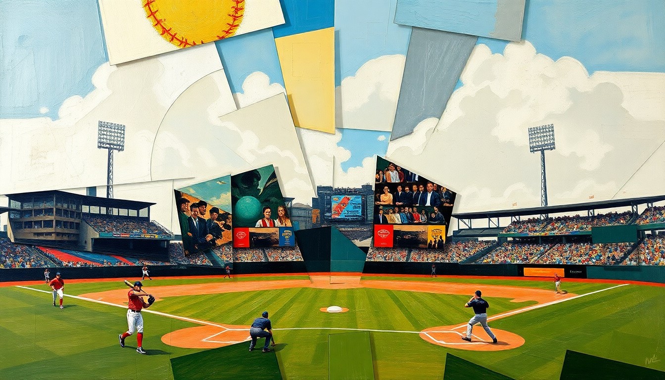 A cubist, geometric painting depicting the dynamic motion and energy of a baseball game, with the players and field deconstructed into abstract shapes and planes.