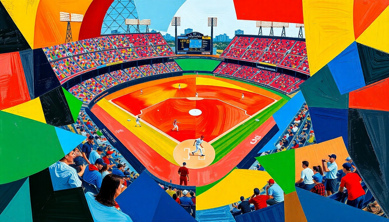 A fragmented, geometric painting in vibrant colors depicting a baseball game in motion, with overlapping shapes and planes representing the dynamic action on the field.