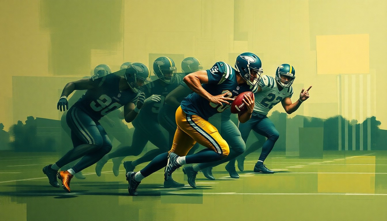 A fragmented, geometric painting depicting a football player's movements and actions on the field, with sharp, overlapping planes in muted tones of green, gold, and navy blue, capturing the essence of a short but impactful sports career.