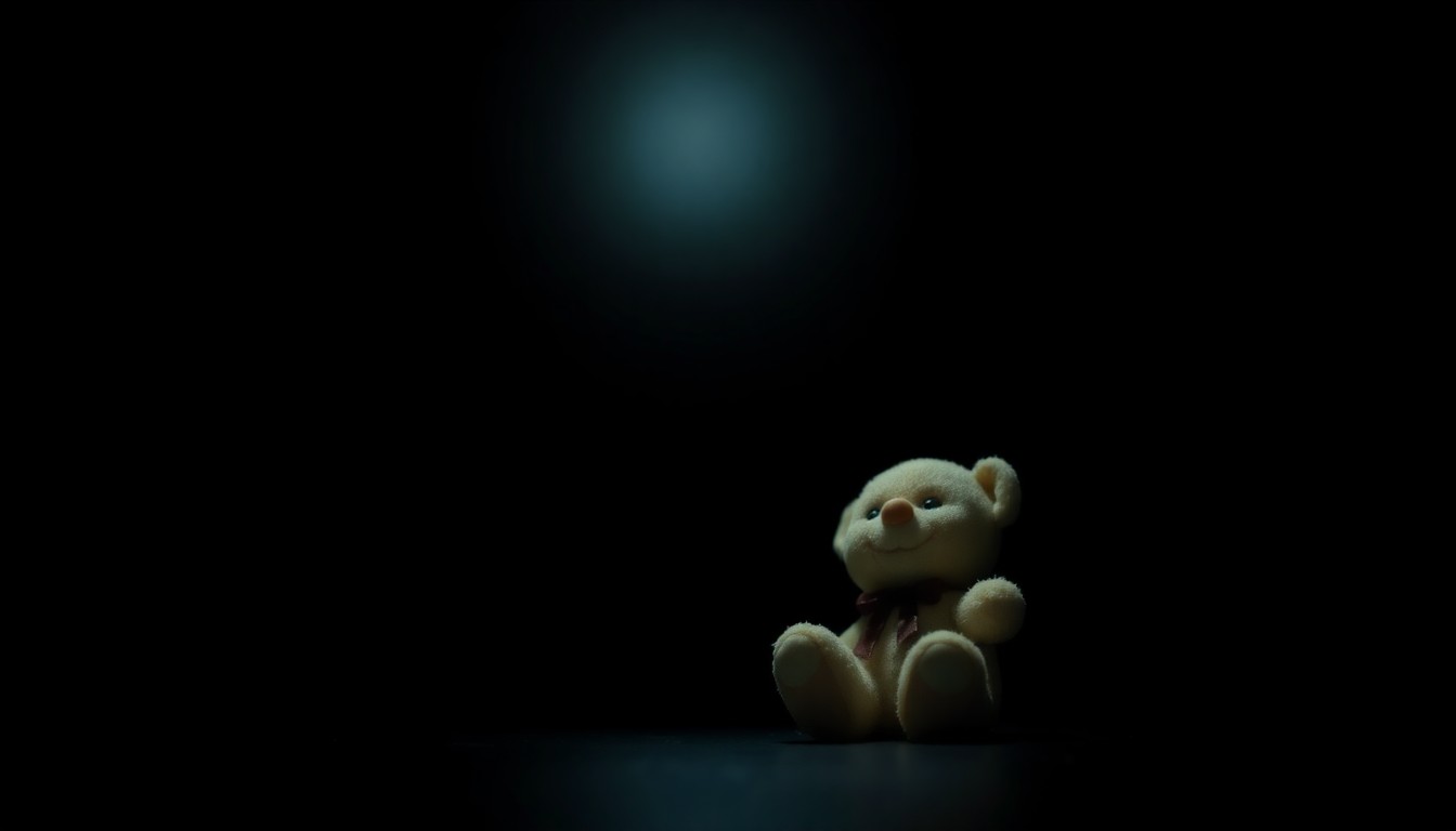 An extreme close-up photograph of a child's stuffed animal, its fabric and features sharply illuminated by a harsh camera flash against a dark background, conveying a somber, investigative mood.
