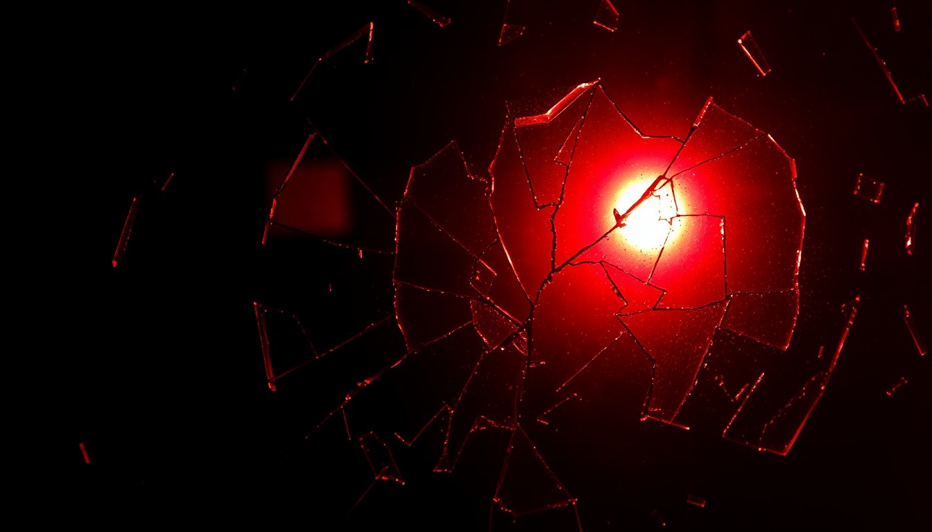 An extreme close-up of a shattered glass surface, reflecting a faint red light, conceptually representing the mystery and fragility surrounding the alleged disappearance of Frida Kahlo's artworks.
