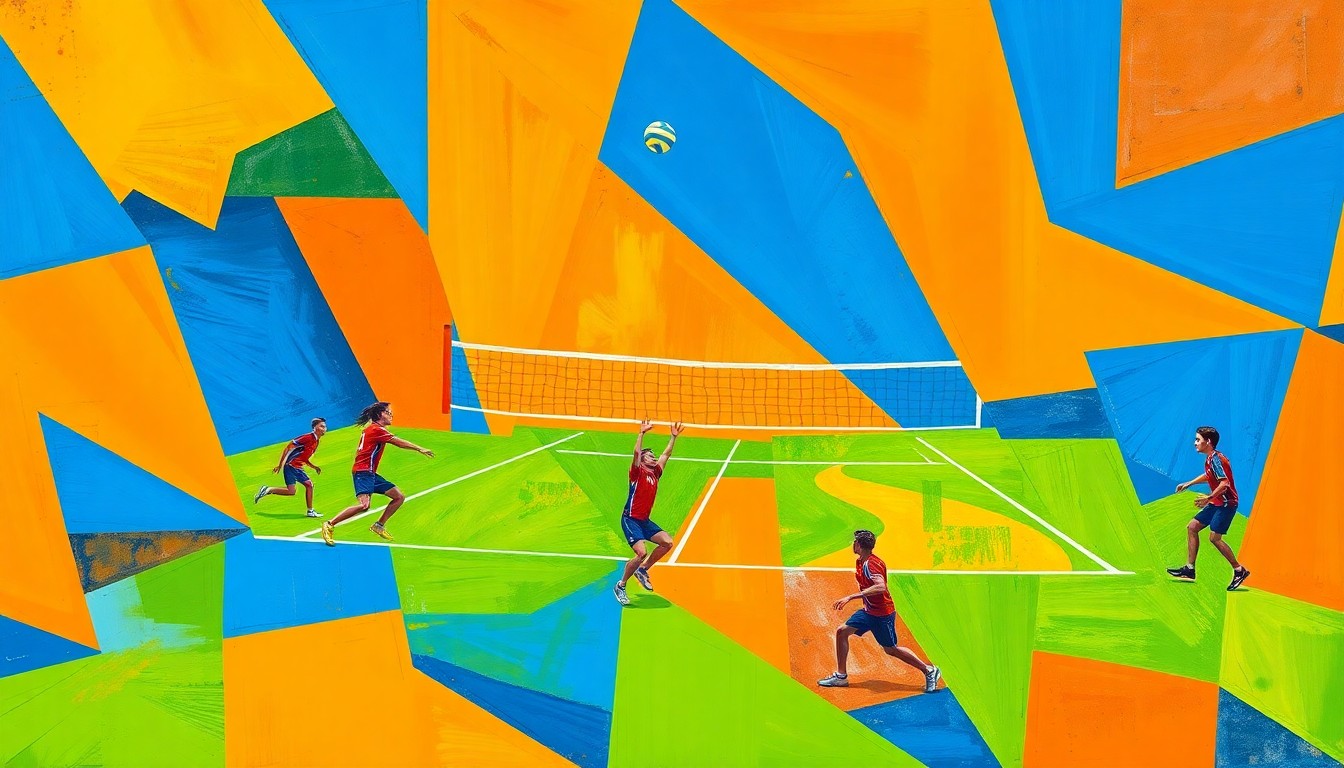 A fragmented, cubist-style painting depicting a boys volleyball match, with the players and court broken down into overlapping geometric shapes in bright, contrasting colors.