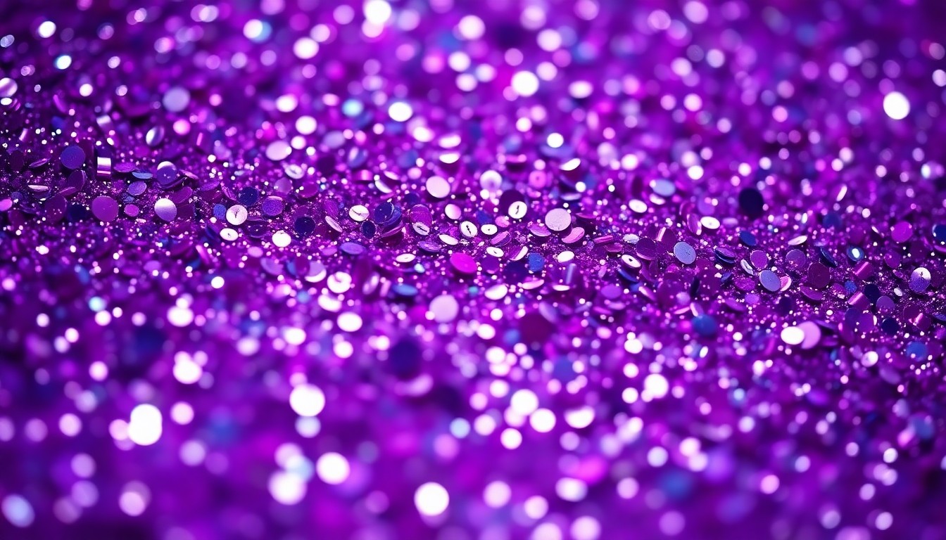 An extreme close-up photograph of shimmering purple sequins and glitter, capturing the vibrant, high-energy aesthetic of a musical performance.