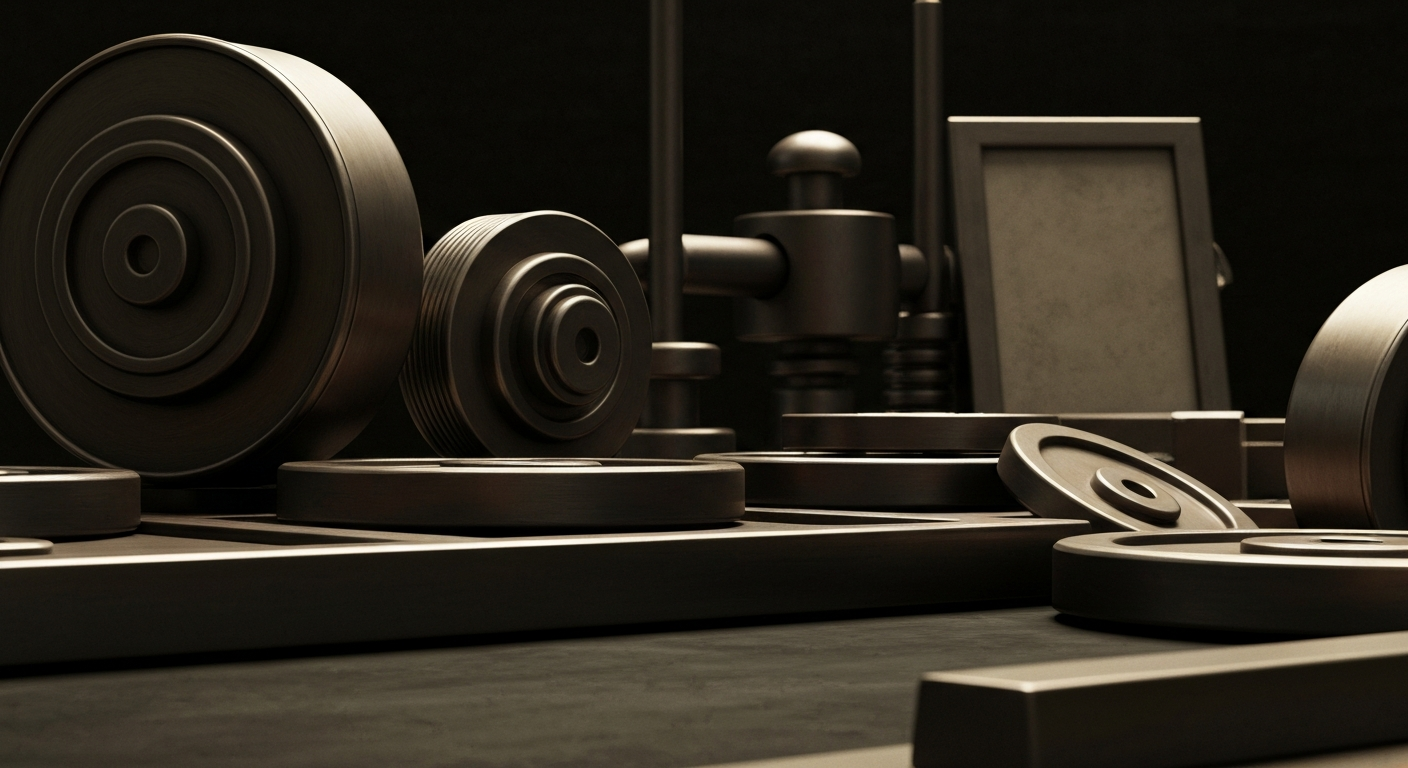 A highly detailed, black-and-white close-up image of various mechanical and electronic components, conveying the complex, industrial nature of the financial sector without using any literal currency or charts.