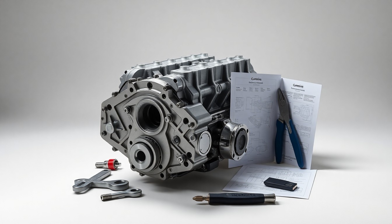 A photorealistic studio still life featuring a polished metal engine block, precision tools, and technical schematics arranged elegantly on a clean, monochromatic background, conveying the engineering expertise and industrial design of Cummins' products.