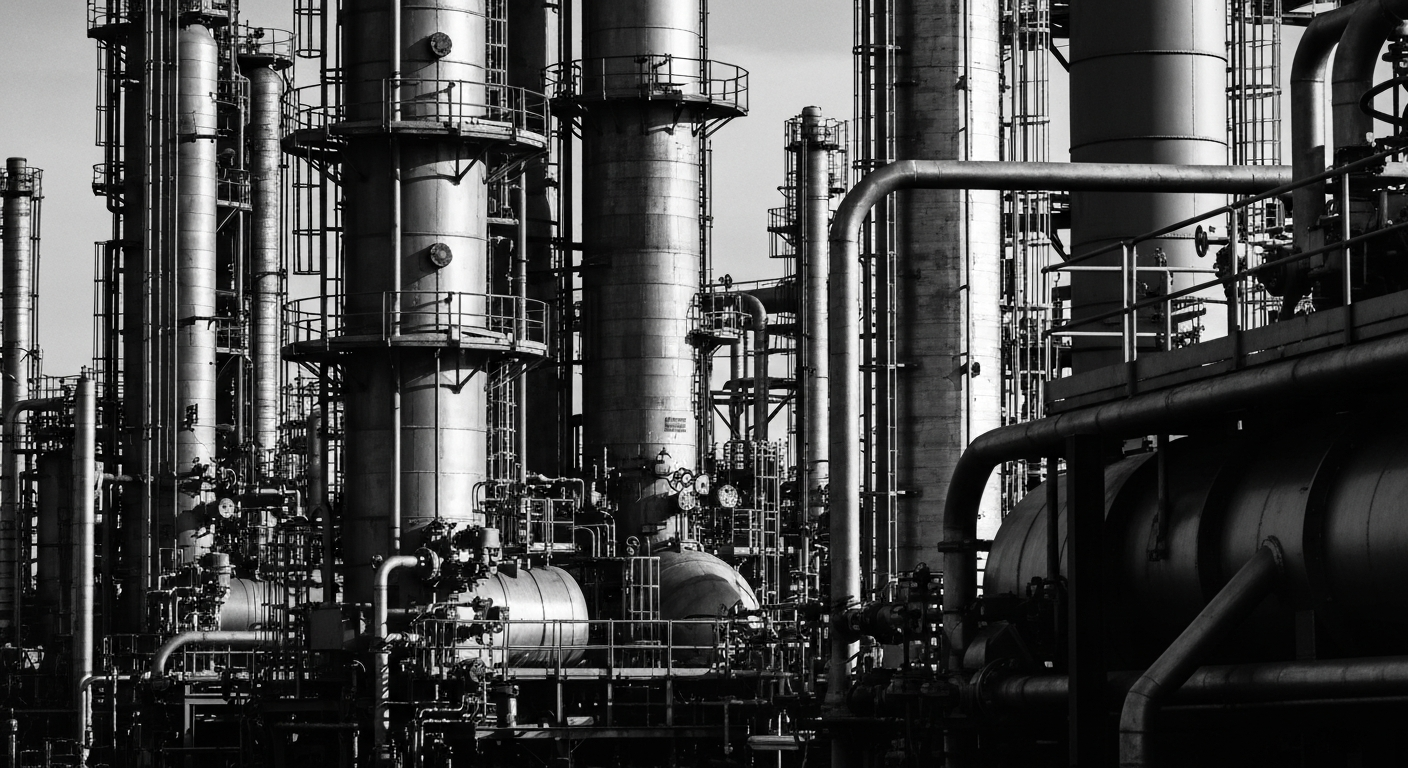 A high-contrast, black-and-white close-up image of heavy industrial machinery and equipment, conveying the scale and complexity of chemical manufacturing processes.