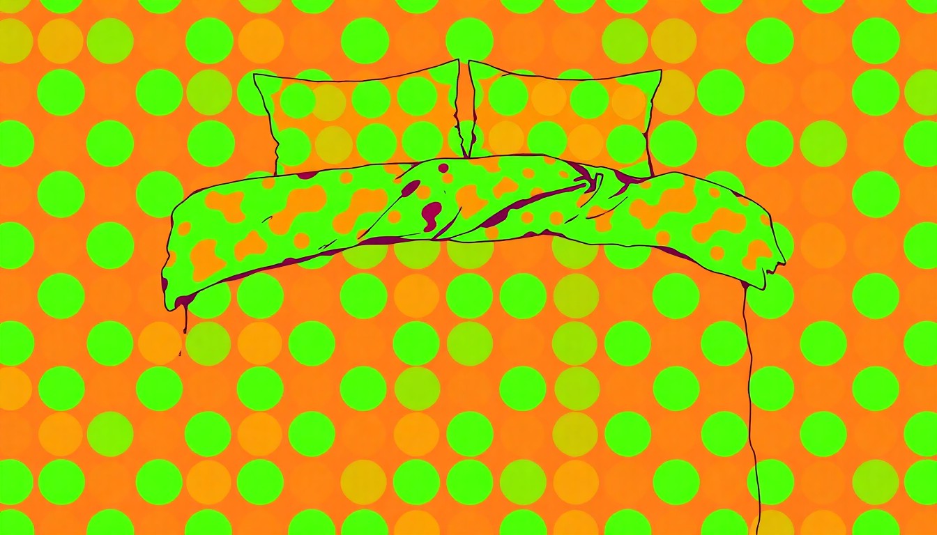 A high-contrast, silkscreen-style illustration featuring a repeating grid of a sage green polka dot bedding set, rendered in a bold, neon color palette that captures the modern, stylish appeal of this reversible home decor item.