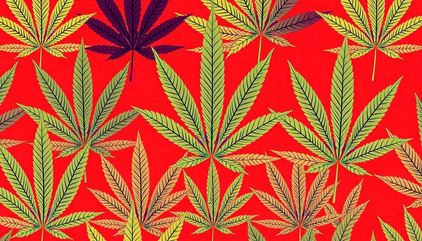 A brightly colored, high-contrast silkscreen print of a single, iconic cannabis leaf repeated in a tight grid pattern, utilizing flat, vibrant, and unnatural neon color palettes overlapping with heavy black photographic outlines to turn the everyday cannabis plant into modern pop art.