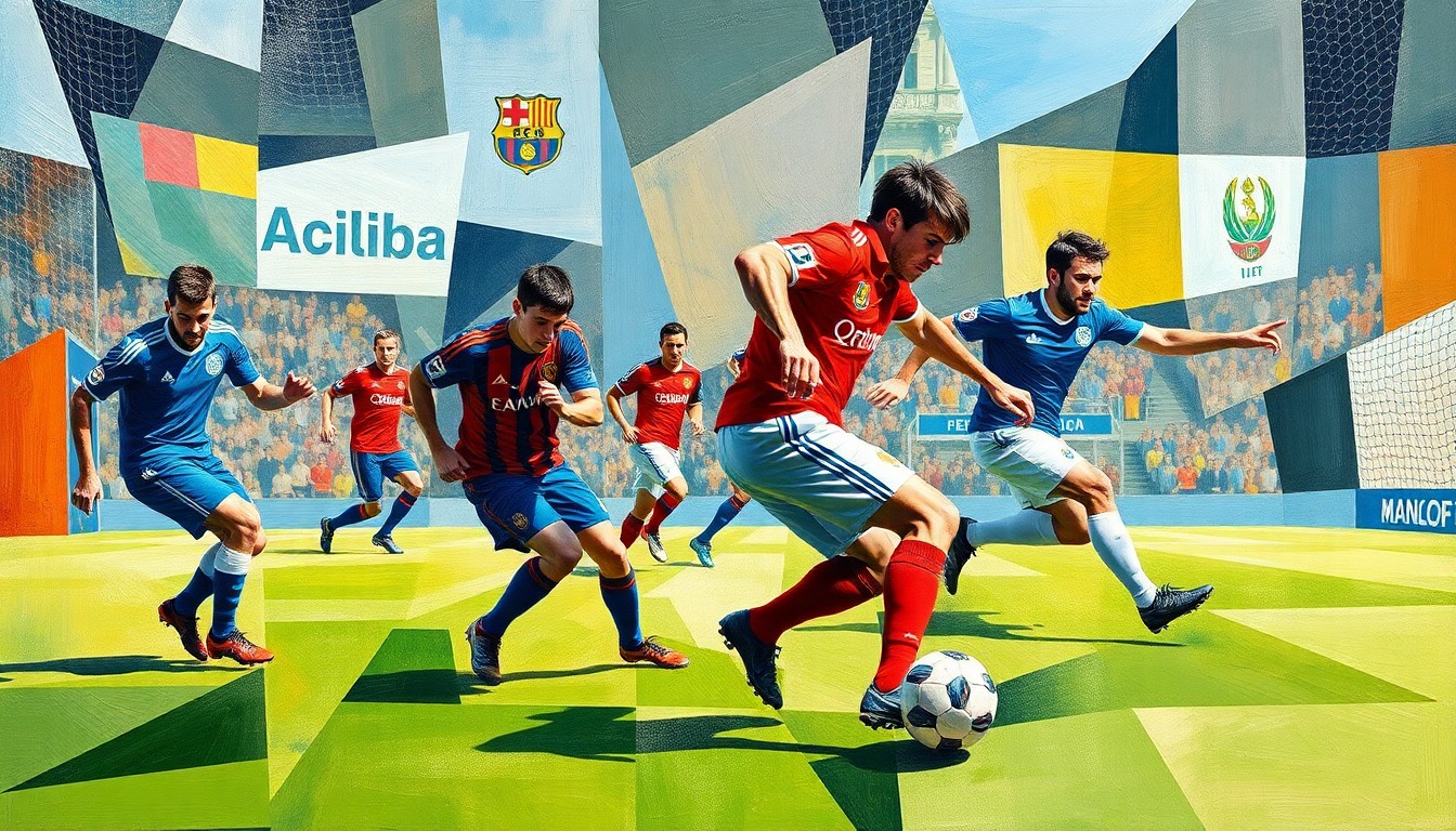 A fractured, multi-perspective painting depicting the dynamic motion and energy of a football match, with the players' forms deconstructed into abstract geometric shapes and planes.