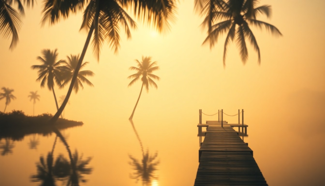 A blurred, impressionistic photograph of a calm lake surrounded by palm trees, with the reflection of the trees and dock visible in the water, conveying a sense of tranquility and natural beauty.