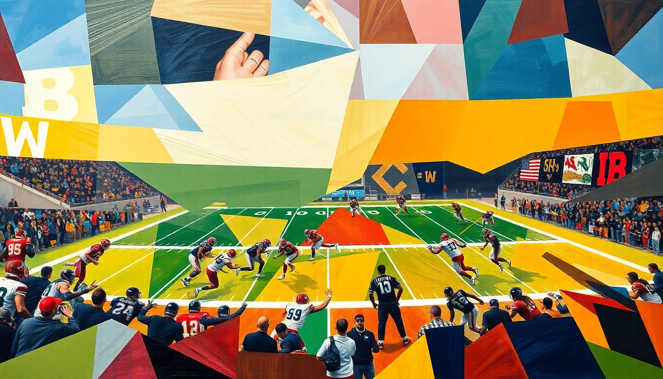 A fragmented, geometric painting depicting the movements and energy of a college football game, with players and the field broken down into sharp, overlapping planes of color.