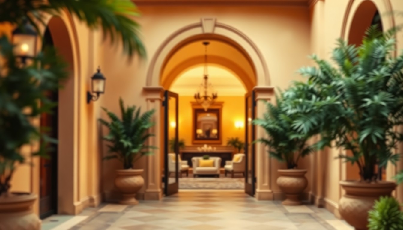 An abstracted, out-of-focus photograph in warm, golden tones depicting the elegant entryway of a Spanish-style luxury home, with arched doorways, lush potted plants, and a glimpse of the luxurious interior beyond.