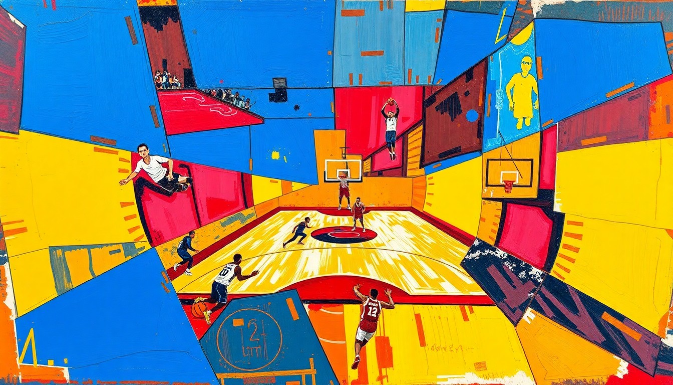 A cubist-style painting depicting a basketball game or match, with the players and court broken down into fragmented geometric shapes and planes in a vibrant color palette, conveying the dynamic energy and unique perspective of women of color in sports leadership.