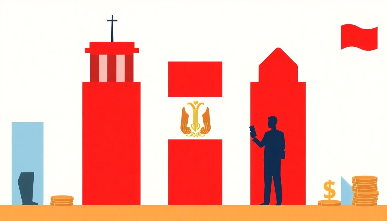 A bold, abstract illustration using geometric shapes and primary colors to conceptually represent Egypt's economic crisis, including its high debt, budget deficits, and currency devaluation.