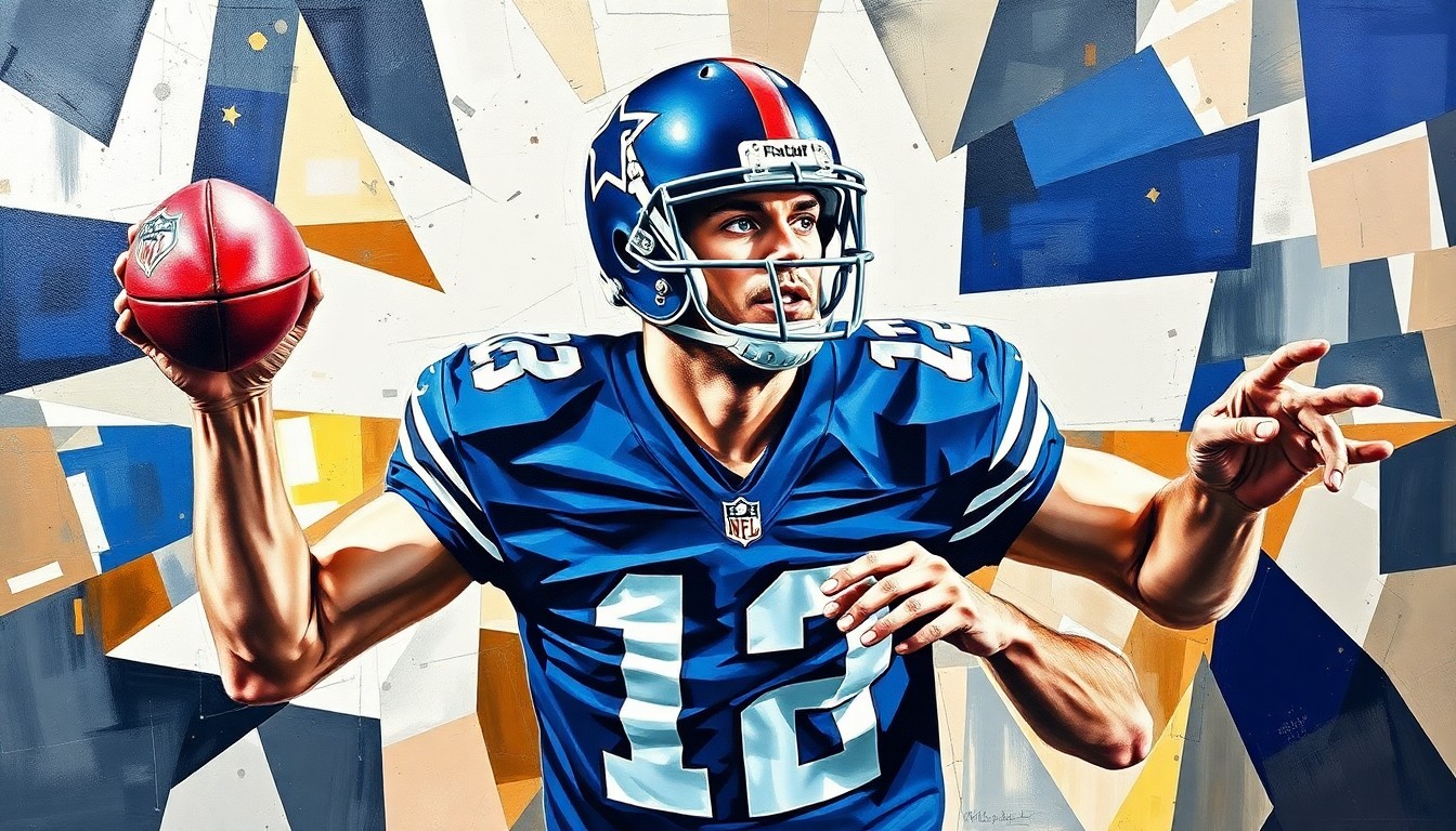 A cubist-style painting featuring overlapping geometric shapes and planes in shades of blue, green, and brown, conceptually representing the complex legacy of former NFL quarterback Eli Manning.