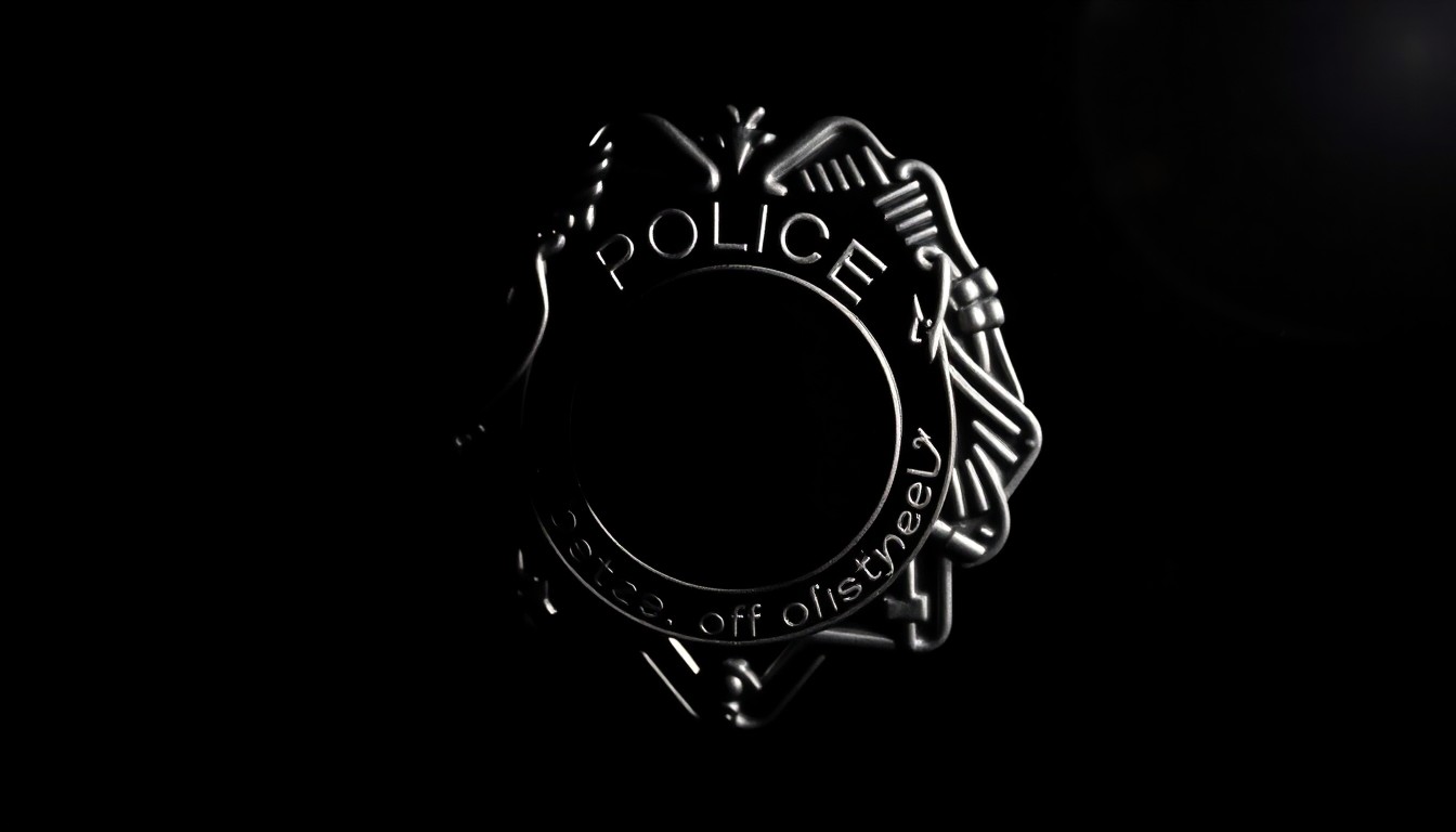 An extreme close-up photograph of a police badge or other law enforcement equipment, lit by a harsh, direct camera flash against a pitch-black background, creating a stark, gritty, investigative aesthetic.