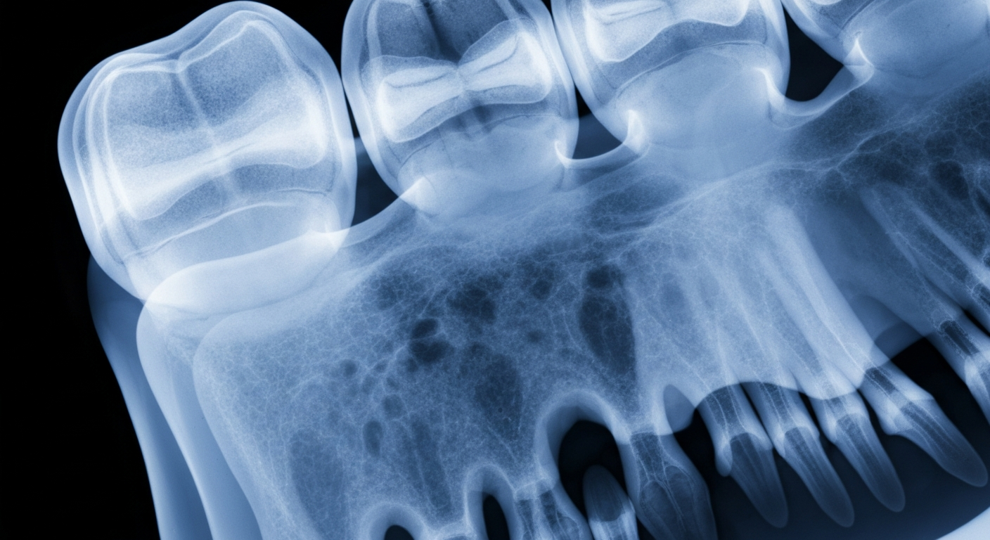 An extreme close-up X-ray photograph showing the detailed internal structure of a human molar, conceptually representing the importance of dental health.