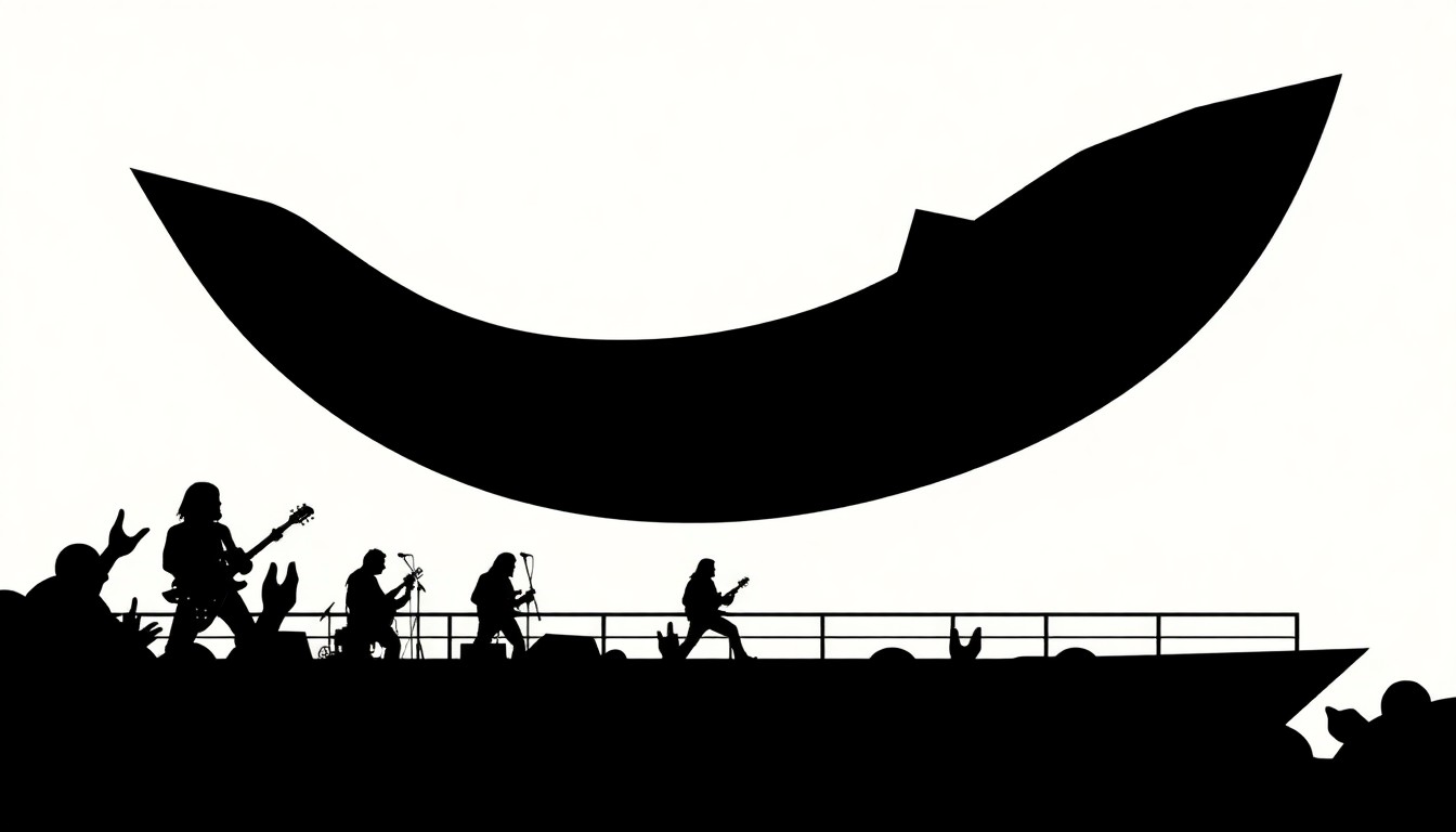 An abstract, minimalist illustration featuring sharp, angular black shapes and silhouettes against a vibrant background, conceptually representing the drama and excitement of a metal band performing on a cruise ship.