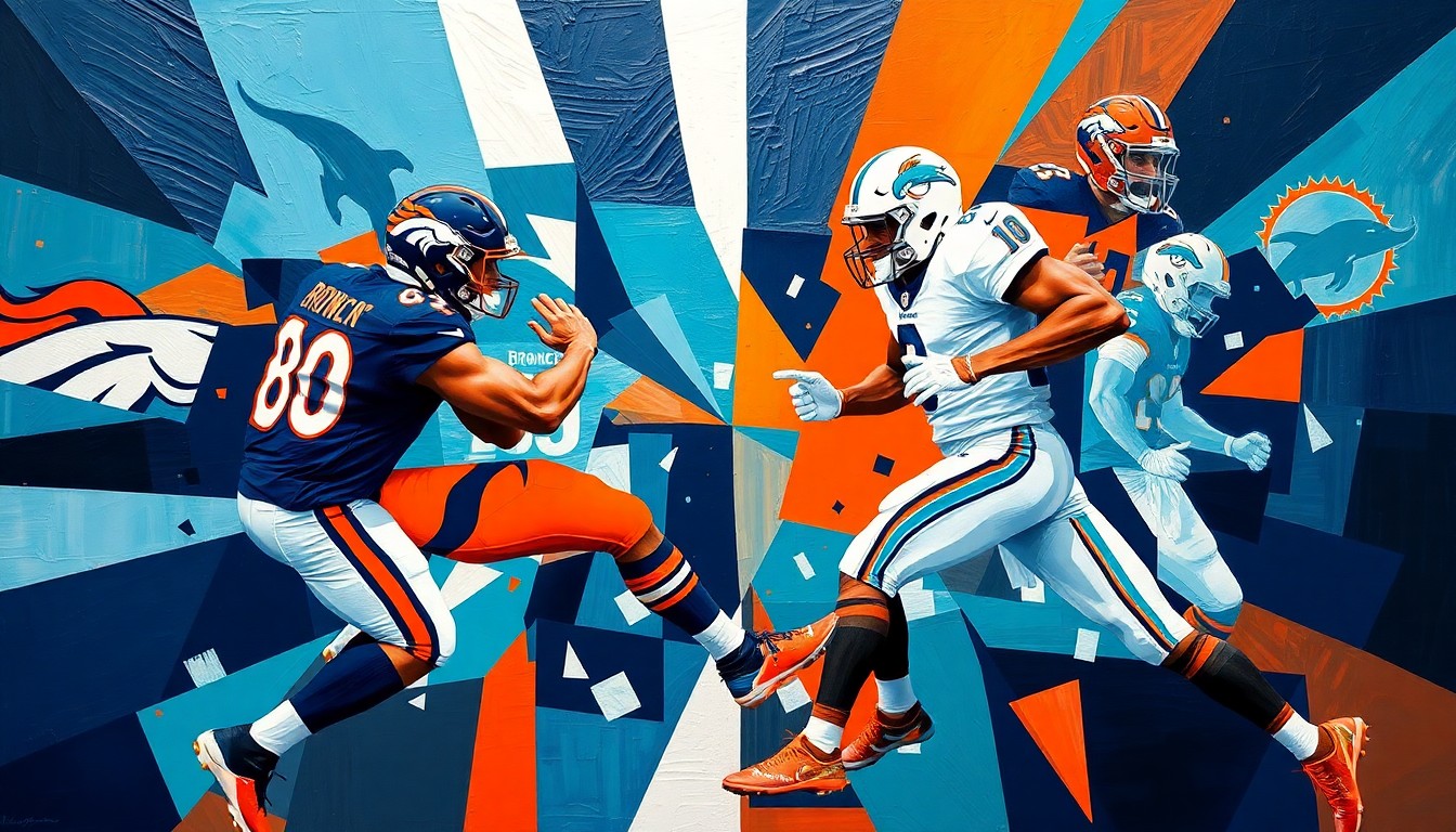 A fractured, cubist-style painting depicting a football game or match between the Denver Broncos and Miami Dolphins, with the players' uniforms and movements abstracted into bold, angular shapes in a vibrant color palette.