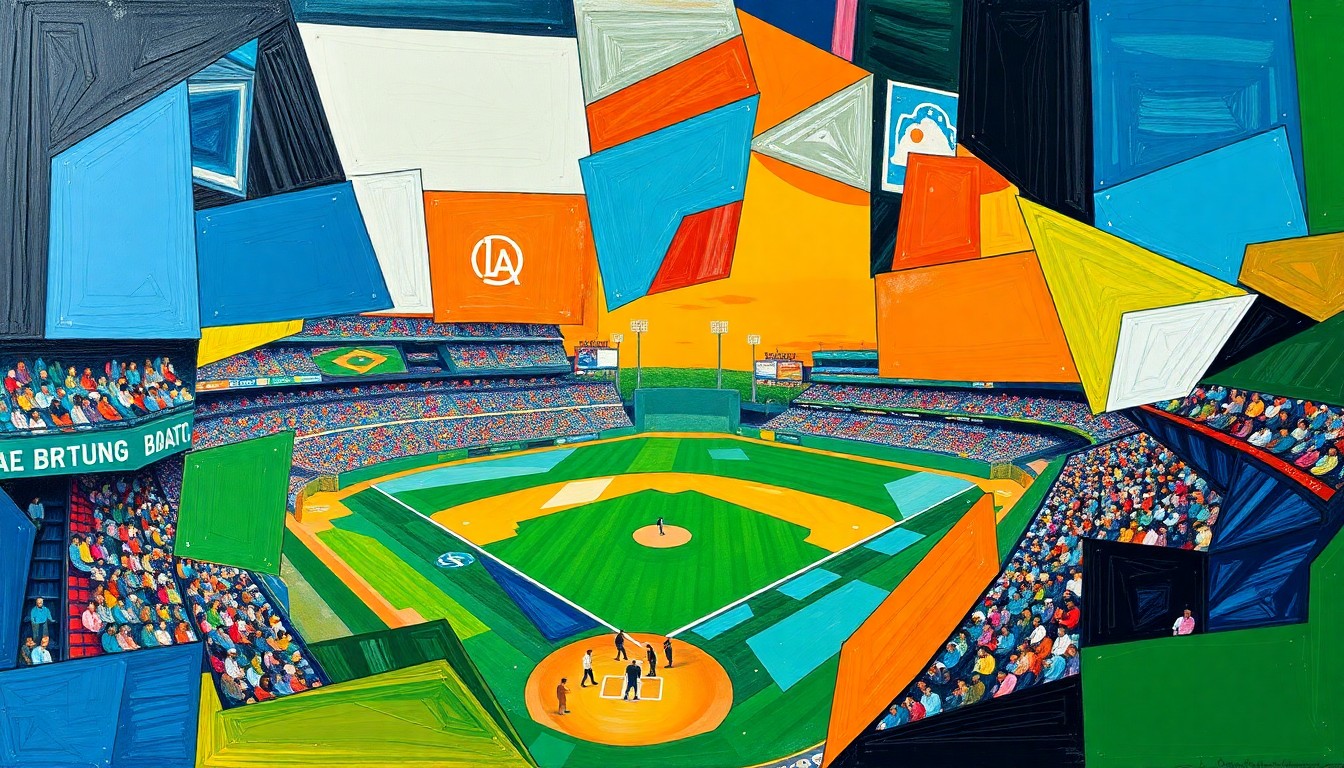 A cubist, geometric painting depicting a baseball game or match, with sharp, overlapping planes of color representing the dynamic action and energy of the sport.