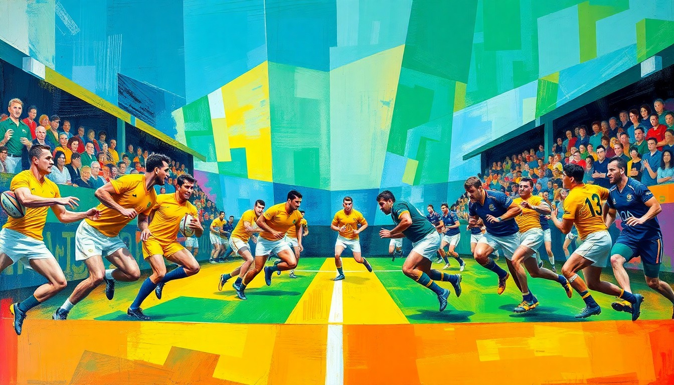 A cubist-style painting depicting a rugby match or competition, with the players and field broken down into sharp, overlapping geometric shapes in vibrant colors, capturing the dynamic and complex nature of the sport.